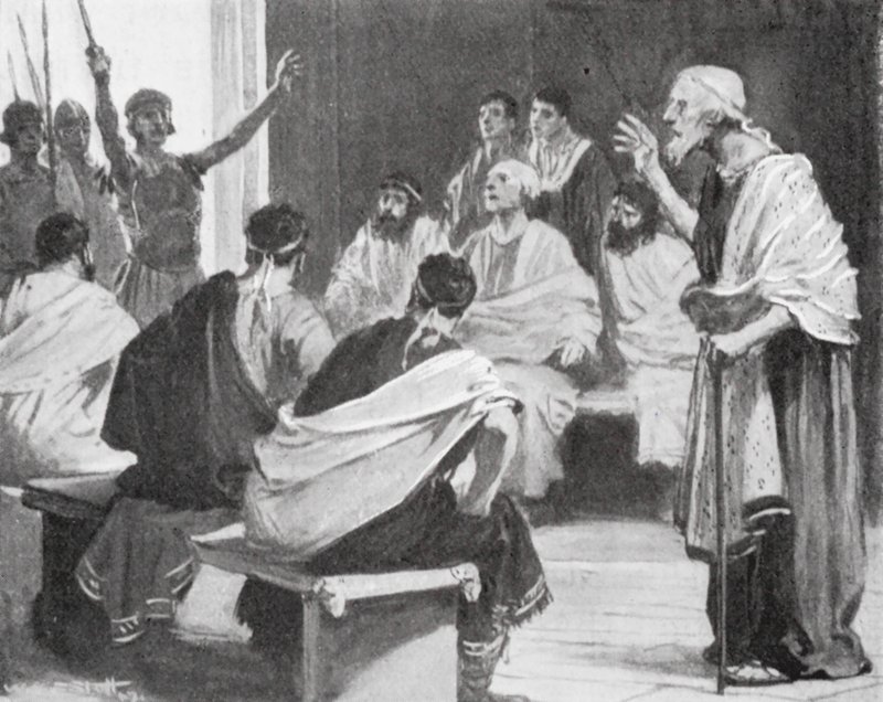 Romulus přináší svému dědečkovi zprávu, že je opět králem Alby (litografie) od W.R.S. (after) Stott