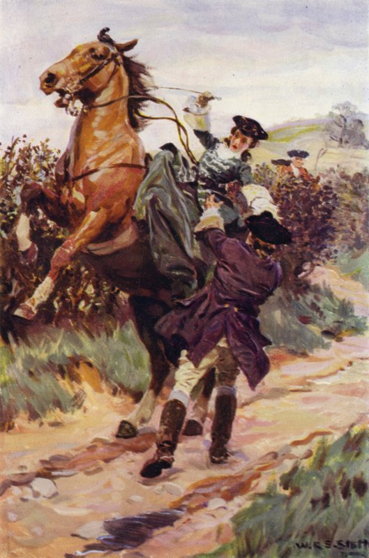"Neovladatelná bestie shodila své krásné břemeno ze zad a Jones ji chytil do náruče" (barva litho) od W.R.S. (after) Stott