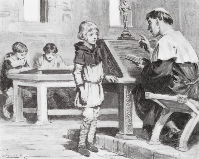 Mladý Cuthbert ve škole (litografie) od W.R.S. (after) Stott