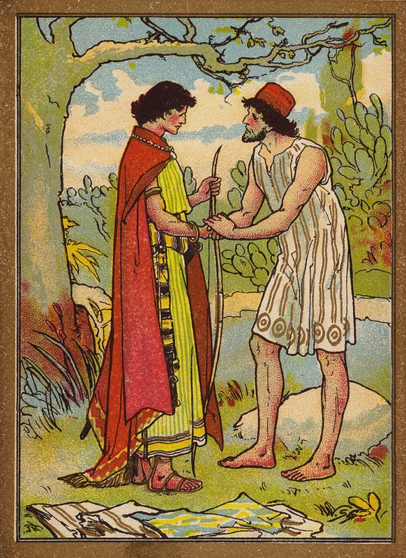 David a Jonatán (barevná litografie) od W.S. Stacey