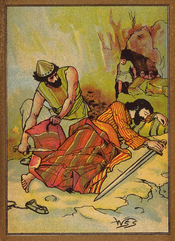 David odřezává sukni Saulova pláště (barevná litografie) od W.S. Stacey