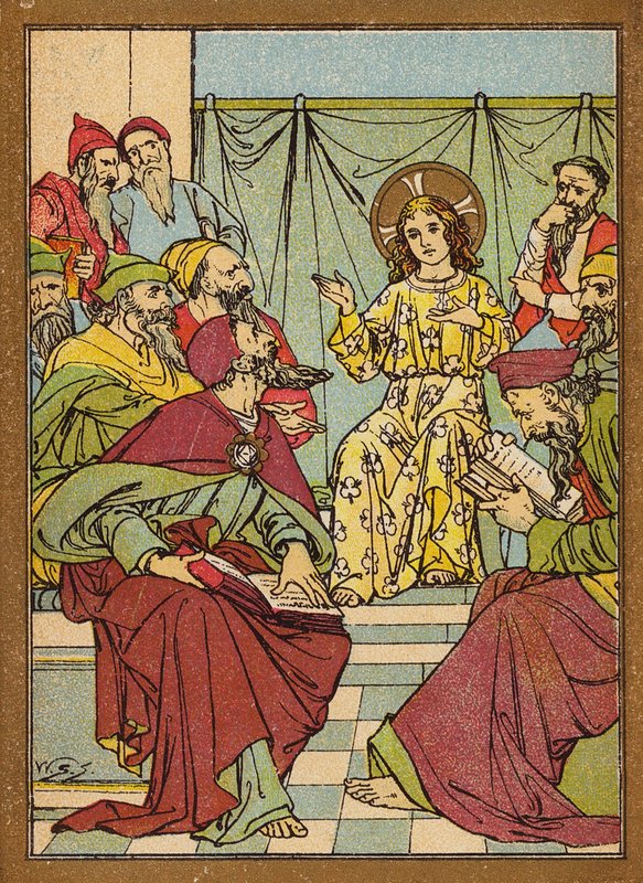 Ježíš v chrámu při výslechu lékařů (barevná litografie) od W.S. Stacey