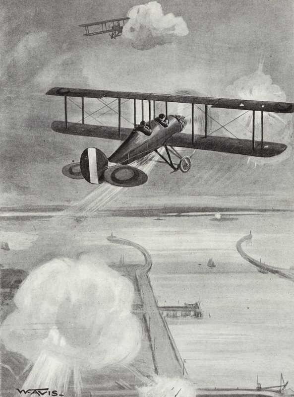 Velitel eskadry Richard Davies a poručík Richard Peirse shazují bomby na ponorkovou stanici v Zeebrugge pod těžkou palbou, 23. ledna 1915 od W. Avis