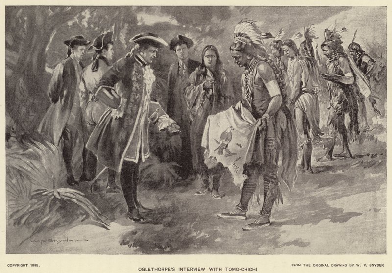 Oglethorpeův rozhovor s Tomo-chichi (litho) od W. P. Snyder
