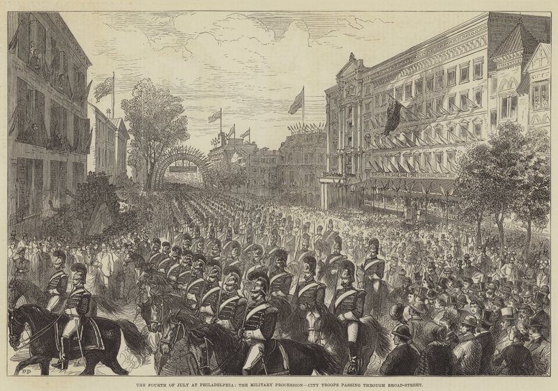 Čtvrtého července ve Philadelphii, vojenský průvod, městské jednotky procházející Broad-Street od Walter Paget