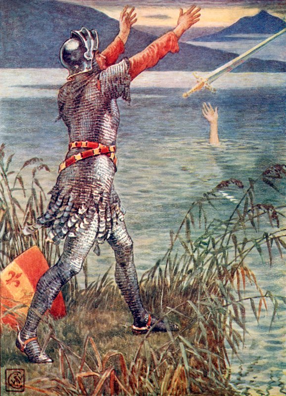 Sir Bedevere vrhá meč Excalibur do jezera od Walter Crane