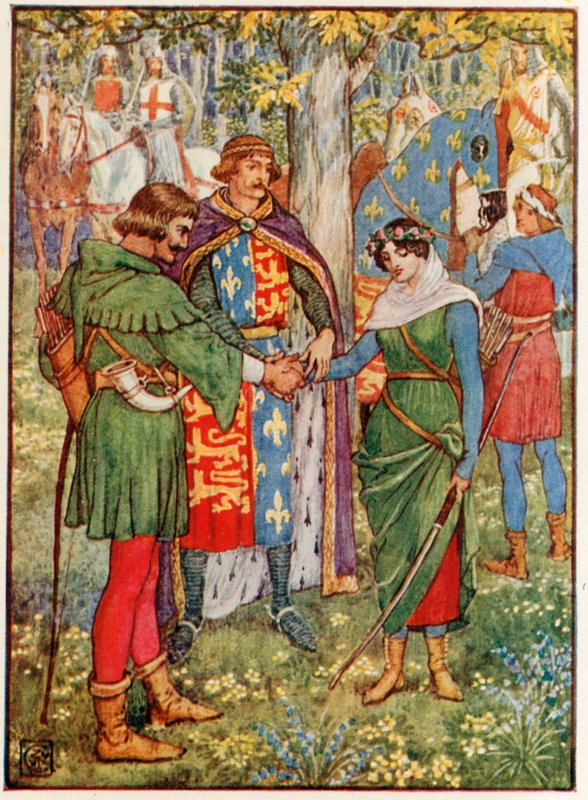 Král spojí ruce Robina Hooda a služebné Marian od Walter Crane
