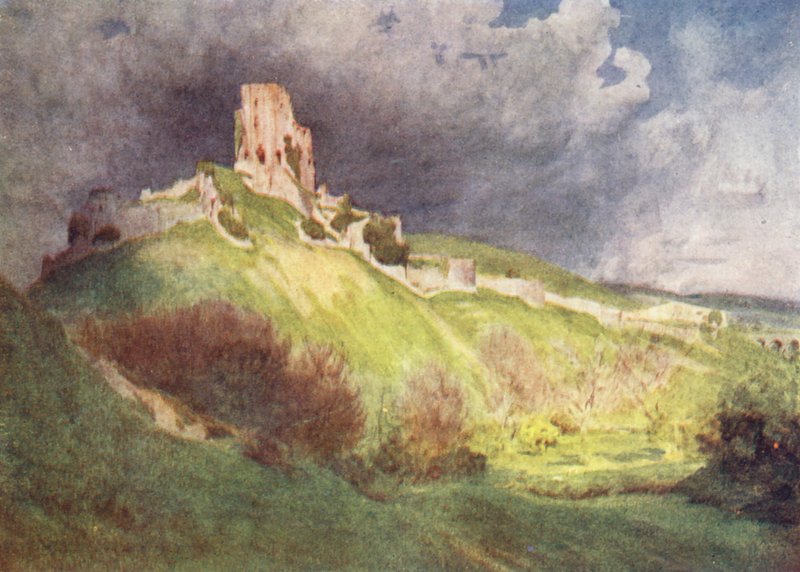 Wessex: (barevná litografie): Hrad Corfe, hrad "Corvesgate" z knihy The Hand of Ethelberta (barevná litografie) od Walter Frederick Roofe Tyndale