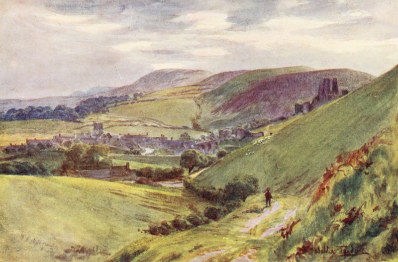 Wessex: Corfe Castle z Nine Barrow Down (barevná litografie) od Walter Frederick Roofe Tyndale