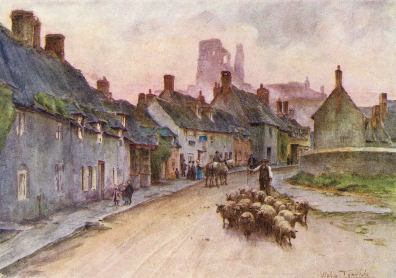 Wessex: Hrad Corfe z West Street (barevná litografie) od Walter Frederick Roofe Tyndale