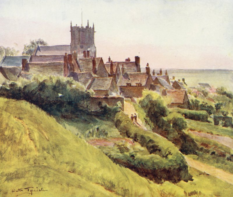 Wessex: Corfe ze svahů hradu (barevná litografie) od Walter Frederick Roofe Tyndale