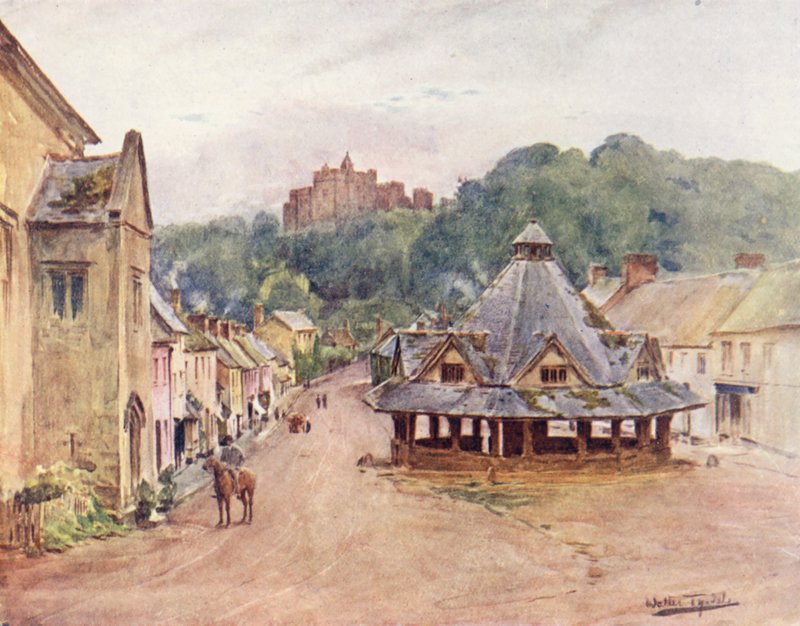 Wessex: Hrad Dunster a trh s přízí (barevná litografie) od Walter Frederick Roofe Tyndale
