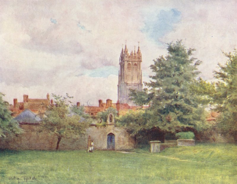 Wessex: Glastonbury Steeple ze zahrad opatství (barevná litografie) od Walter Frederick Roofe Tyndale