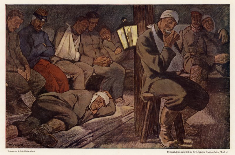 Zranění vojáci na odklízecí stanici v Roulers, Belgie, první světová válka (barva litho) od Walter Georgi