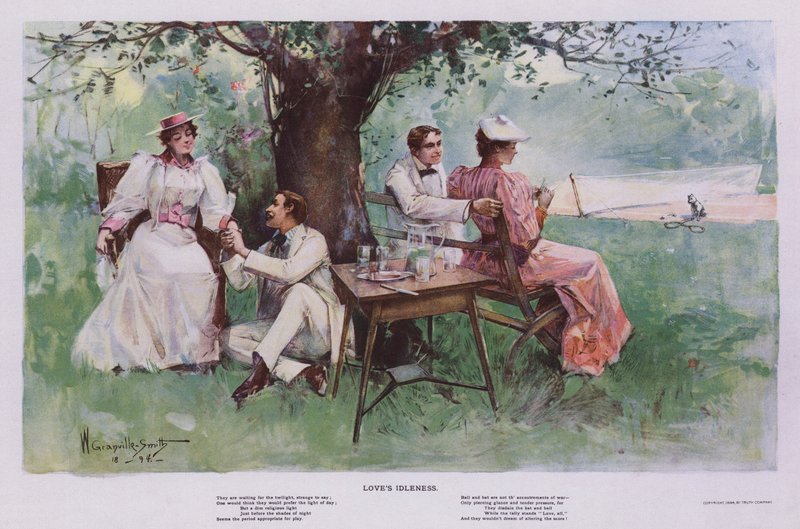 Nečinnost lásky: dva páry odpočívající ve stínu pod stromem v zahradě (barva litho) od Walter Granville Smith