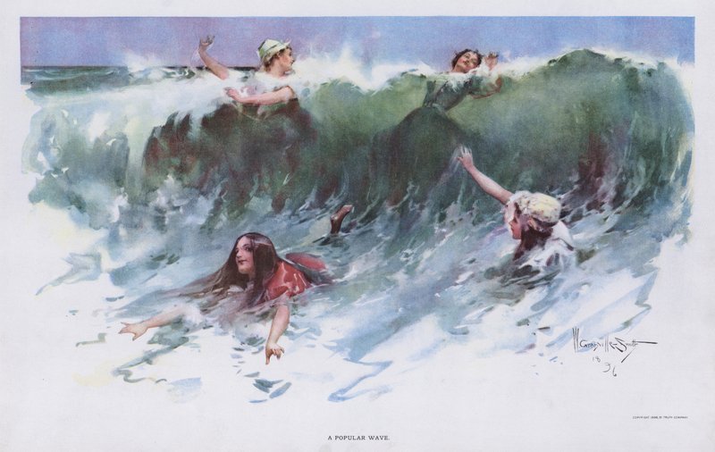 A Popular Wave: ženy hrající si ve vlnách u moře (barva litho) od Walter Granville Smith