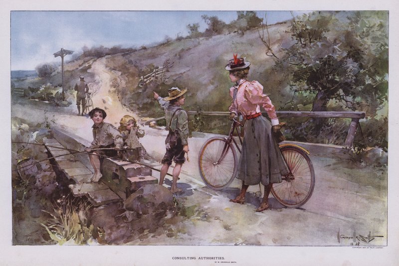 Poradenské úřady: žena na projížďce na kole a ptá se skupiny dětí na cestu (barva litho) od Walter Granville Smith