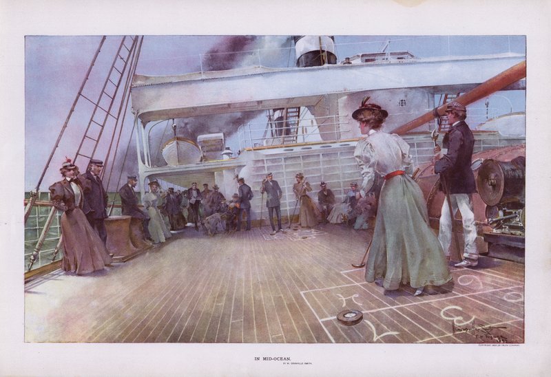 In Mid-Ocean: pasažéři si užívají hru shuffleboard na palubě lodi (barva litho) od Walter Granville Smith