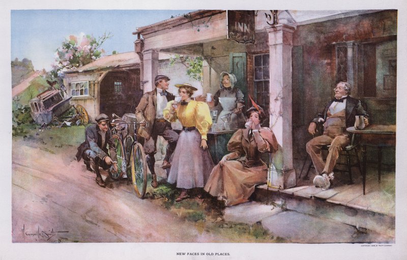 Nové tváře na starých místech: skupina cyklistů se občerstvuje v hostinci u silnice (barva litho) od Walter Granville Smith