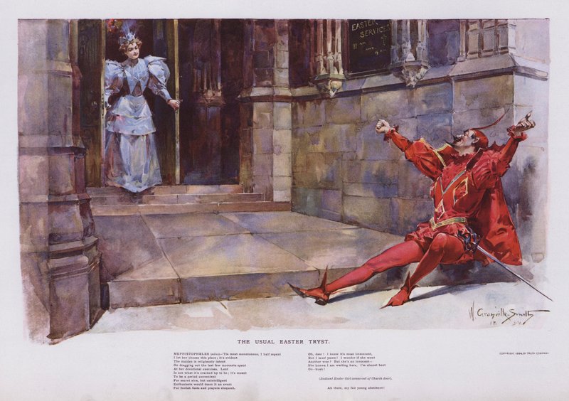Obvyklý velikonoční pokus: Mefistofeles čeká, až dívka odejde z kostela (barva litho) od Walter Granville Smith