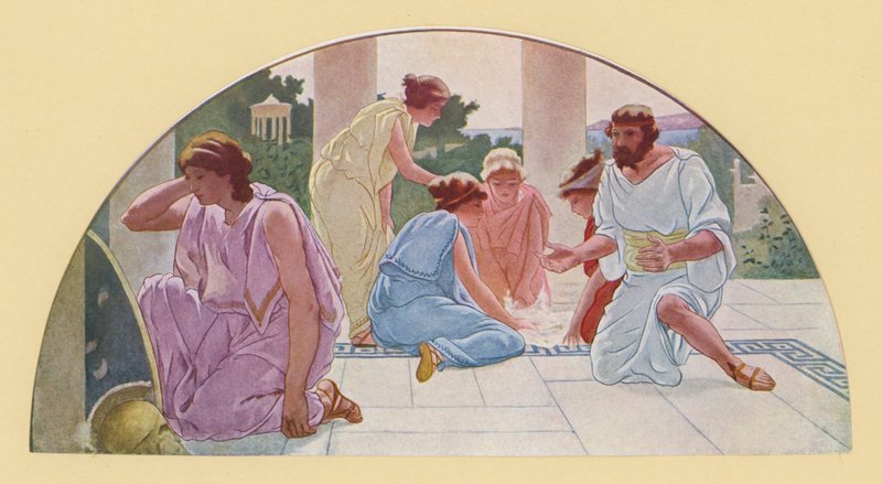 Achilles v převleku za školačku objevený Odysseem (barevná litografie) od Walter MacEwen