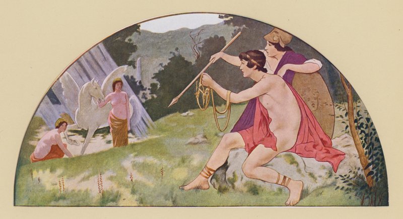 Bellerofón přijímá od Minervy okřídleného koně Pegase (barevná litografie) od Walter MacEwen