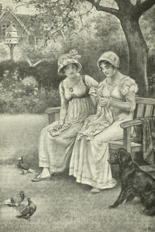 Jane Austen, šití, se svou sestrou Cassandrou v zahradě fary (litho) od Walter Paget