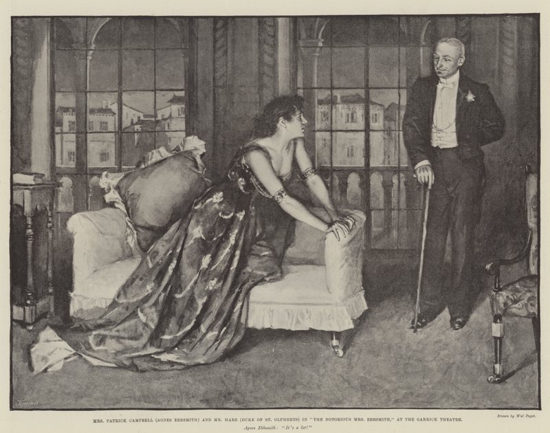 Paní Patrick Campbellová (Agnes Ebbsmithová) a pan Hare (vévoda ze St. Olpherts) ve hře The Notorious Mrs Ebbsmith v Garrick Theatre. od Walter Paget