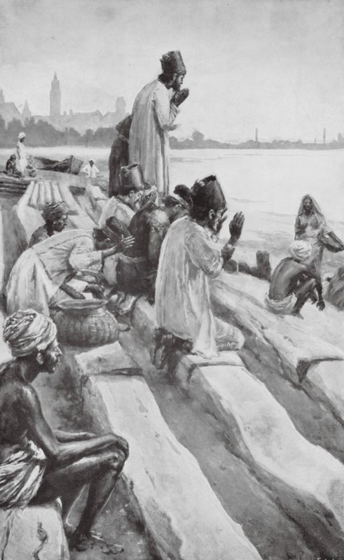 Parsové uctívající vycházející slunce na pláži v Bombaji (litografie) od Walter Paget