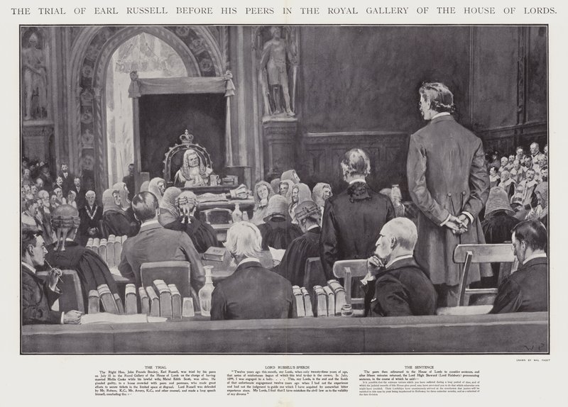 Proces s Earlem Russellem před jeho vrstevníky v Královské galerii Sněmovny lordů, Westminster (litho) od Walter Paget