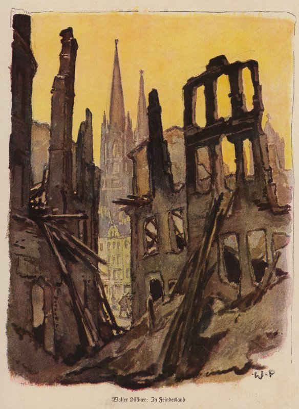 Zničené město, 1. světová válka (barevná litografie) od Walter Puttner
