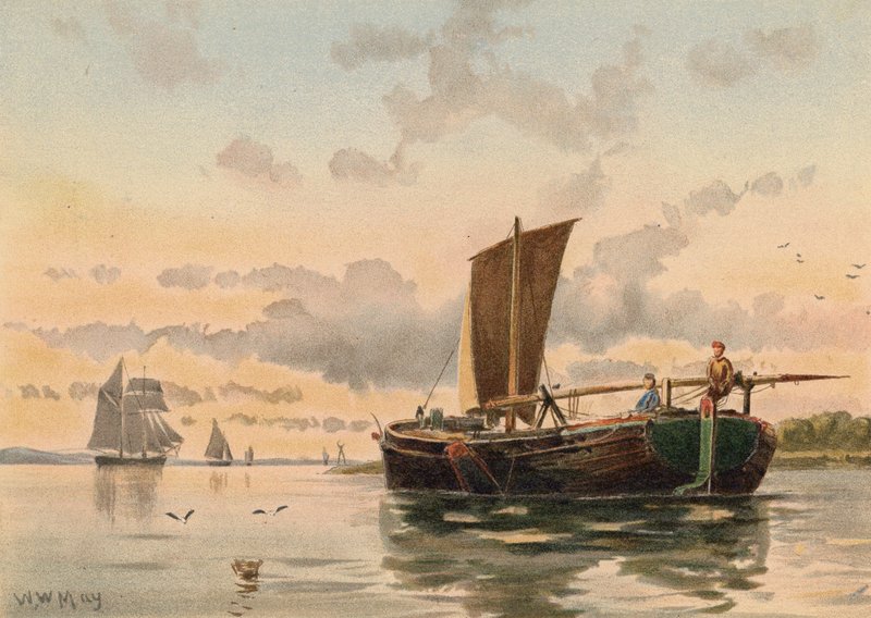 Bárka plující po řece Medway (barevná litografie) od Walter William May