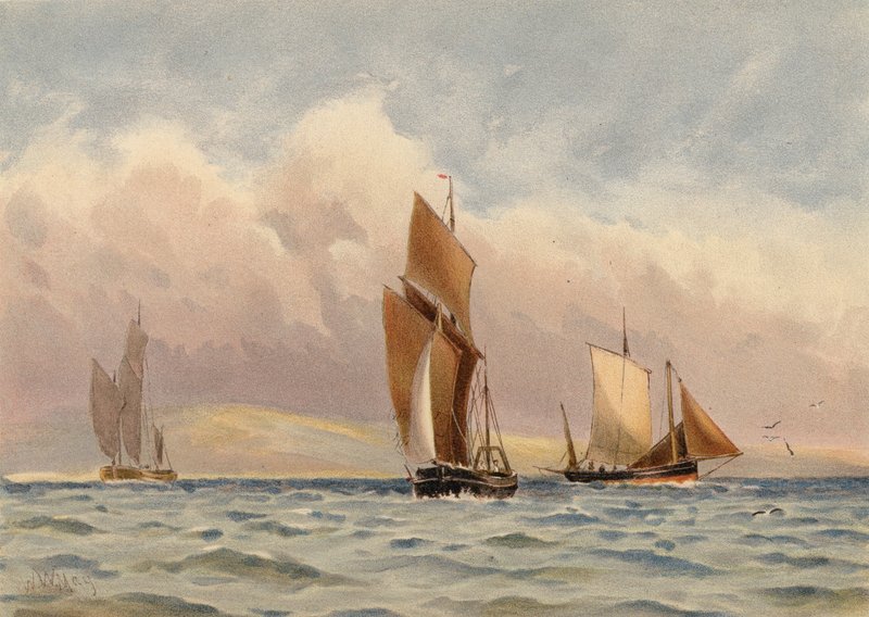Boulogne Luggers u francouzského pobřeží (barevná litografie) od Walter William May