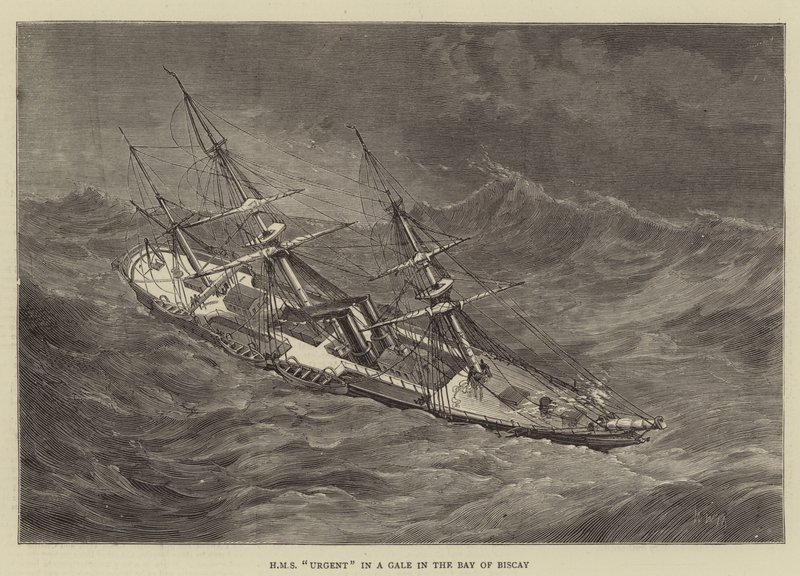 HMS Urgent ve vichřici v Biskajském zálivu od Walter William May