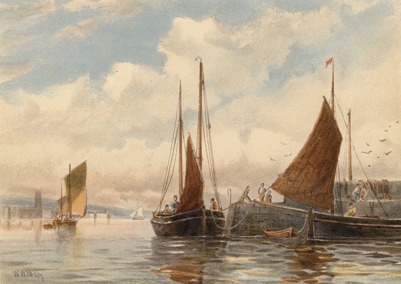 Penzance Luggers v Newlynu (barevná litografie) od Walter William May