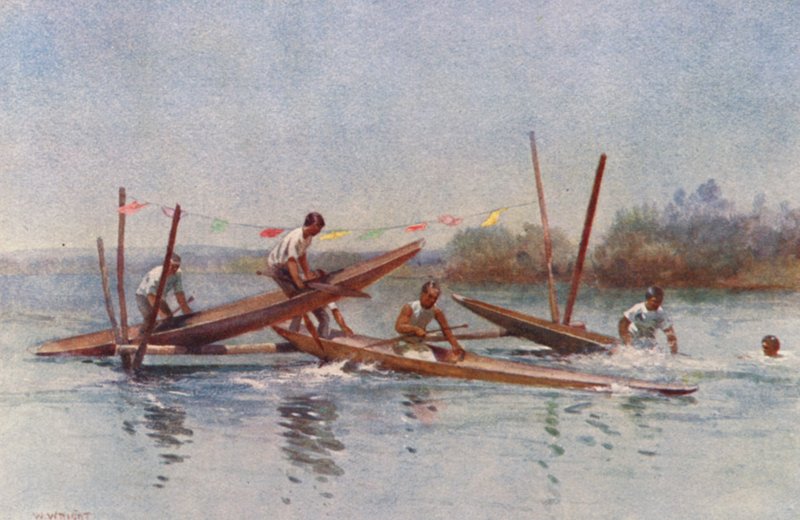 Nový Zéland: Kanoistický závod s překážkami (barevná litografie) od Walter Wright