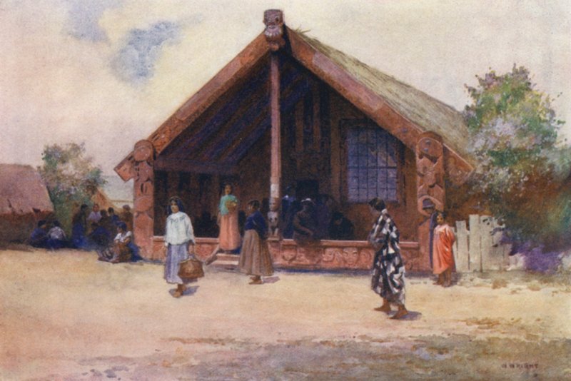 Nový Zéland: Nový Zéland: Carved House, Ohinemutu (barevná litografie) od Walter Wright