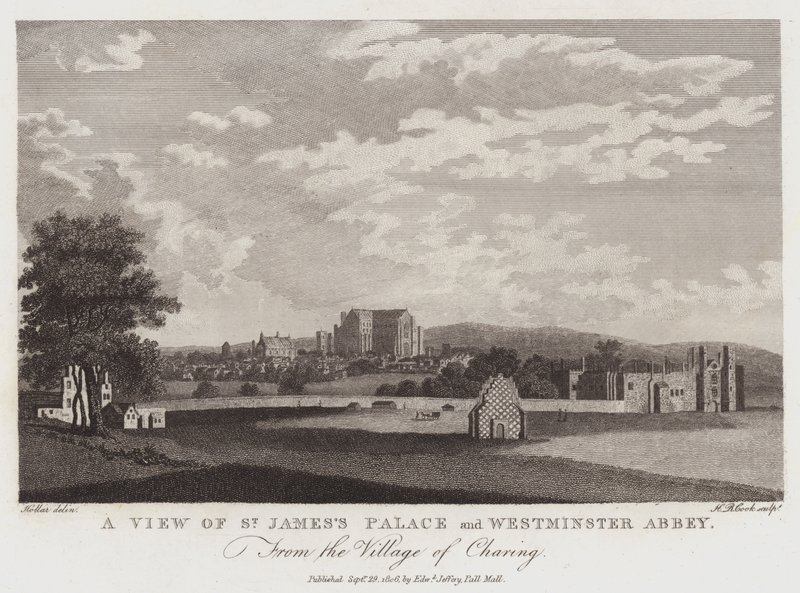 Pohled na palác St Jamess a Westminsterské opatství z vesnice Charing od Wenceslaus Hollar
