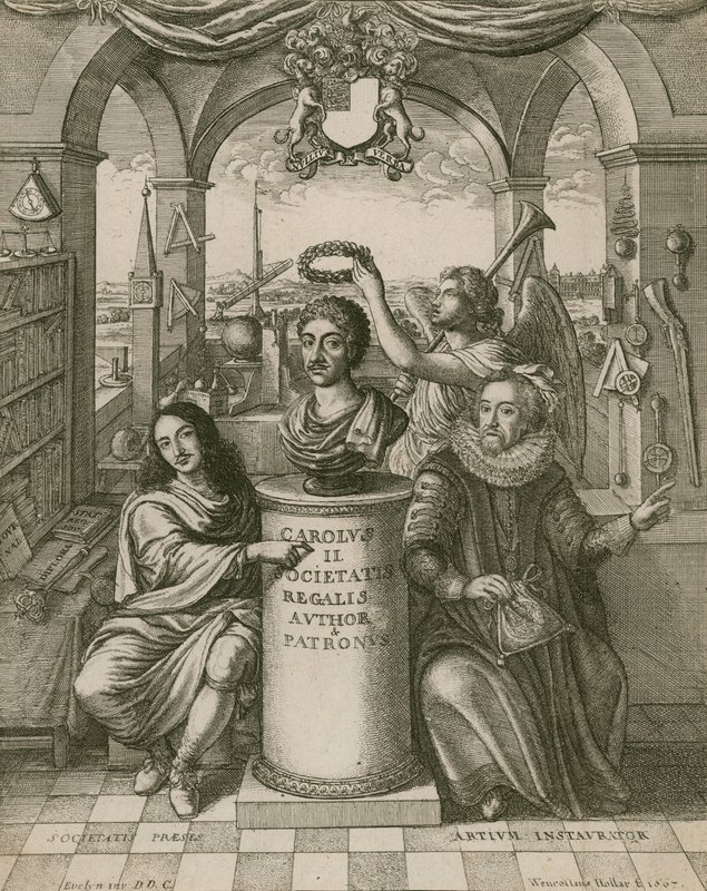 Busta Karla II. s lordem Brounckerem (vlevo), prvním prezidentem Královské společnosti, a Francisem Baconem (vpravo) od Wenceslaus Hollar