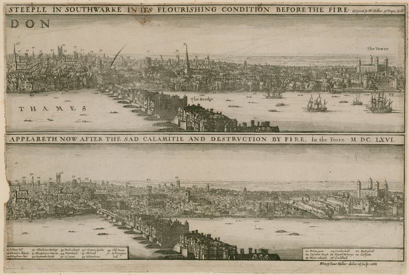 Londýn, před a po velkém požáru od Wenceslaus Hollar