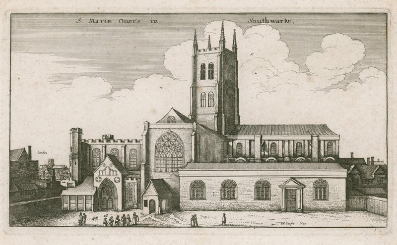 St Mary Overies, Southwark, Londýn; kresba z roku 1647 od Wenceslaus Hollar