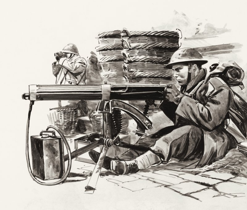 Britský kulometčík čekající na Němce před Dunkerque (kvaš na papíře) od Wilf (20th century) Hardy