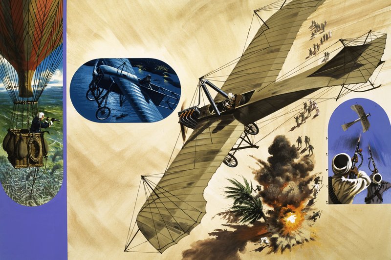 V roce 1911 se poručík Giulip Gavotti stal prvním člověkem, který shodil bombu z letadla. od Wilf (20th century) Hardy