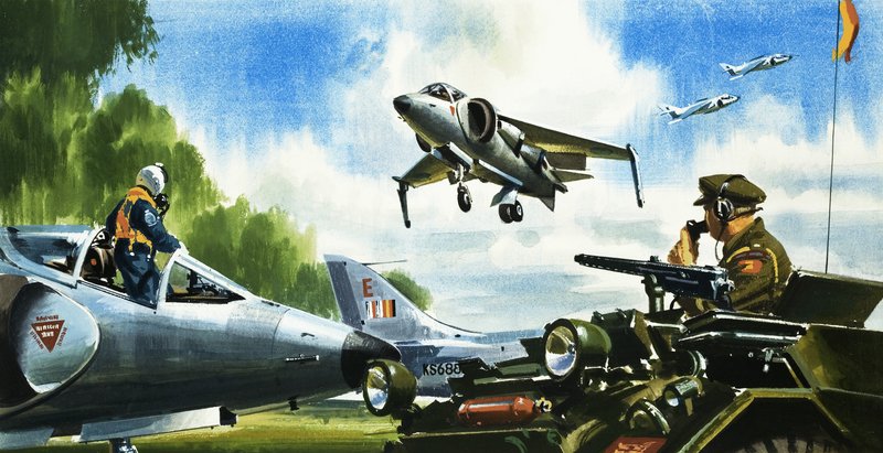Podívejte se - žádná dráha. Nejnovější vývoj v oblasti letadel. Harrier Jump Jet od Wilf (20th century) Hardy