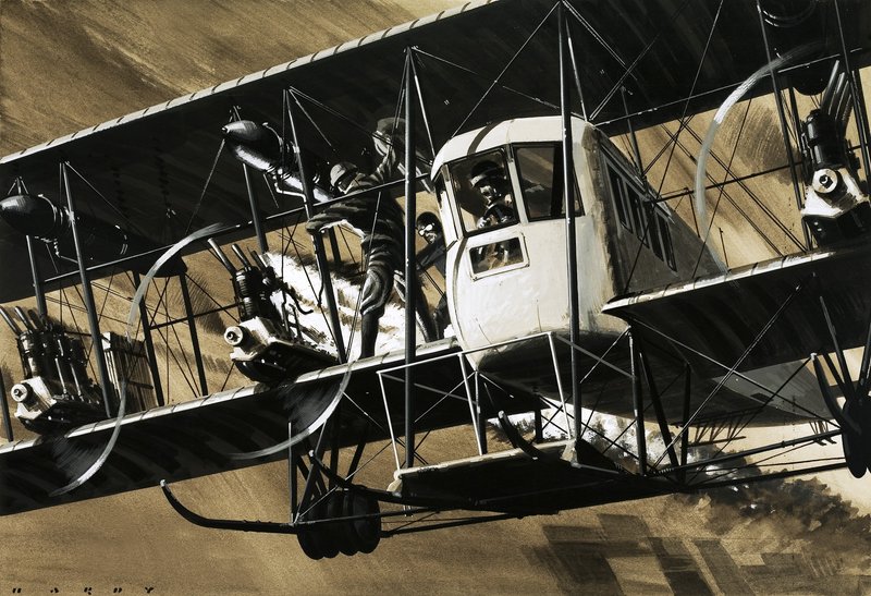 Dva členové posádky mezi dráty a vzpěrami bombardéru Ilia Mourometz II hasí požár motoru. od Wilf (20th century) Hardy