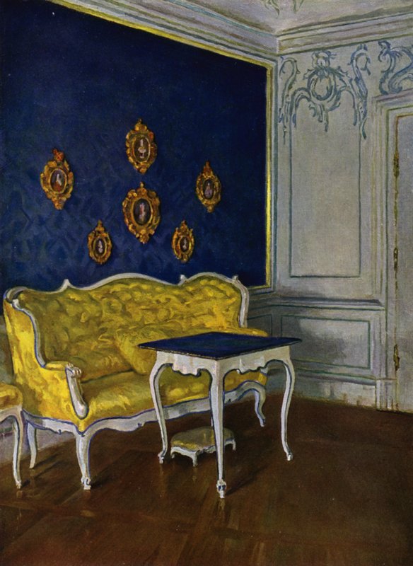 Modrý salon v zámku Weikersheim, Württembersko, rokoková výzdoba, asi 1740 od Wilhelm Beckmann
