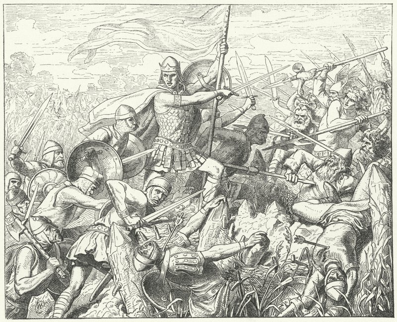 Arnulf z Korutan útočí na normanskou obranu na řece Dyle, 891 (rytina) od Wilhelm Camphausen