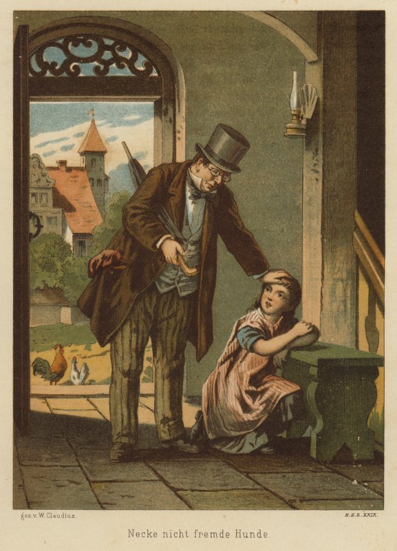 Otec utěšuje svou dceru poté, co utrpěla následky škádlení psa (barva litho) od Wilhelm Ludwig Heinrich Claudius