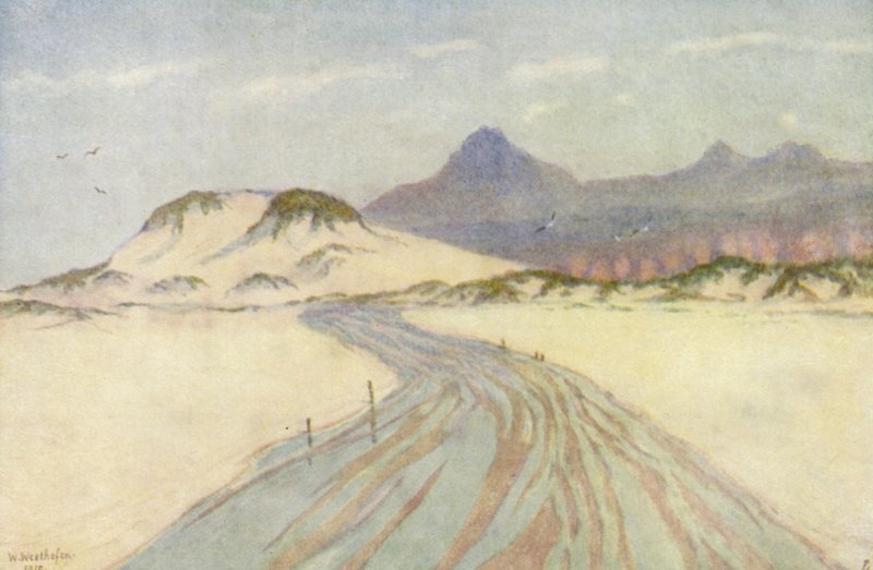 Na pláži Fish Hoek, v dálce pohoří Nord Hoek (barevná litografie) od Wilhelm Westhofen
