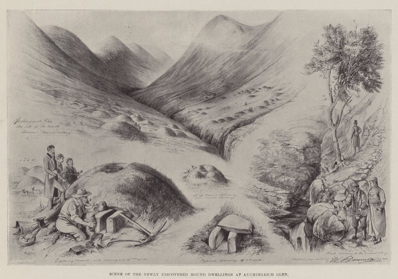 Scéna nově objevených mohylových obydlí v Auchingaich Glen od William A. Donnelly